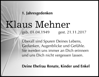 Traueranzeige von Klaus Mehner von Mitteldeutsche Zeitung Merseburg/Querfurt