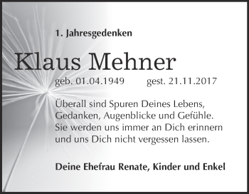 Traueranzeige von Klaus Mehner von WVG - Wochenspiegel Merseburg