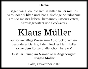 Traueranzeige von Klaus Müller von Mitteldeutsche Zeitung Halle/Saalkreis