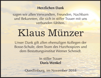 Traueranzeige von Klaus Münzer von Mitteldeutsche Zeitung Quedlinburg