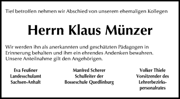 Traueranzeige von Klaus Münzer von Mitteldeutsche Zeitung Quedlinburg