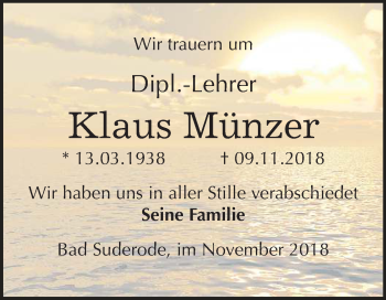 Traueranzeige von Klaus Münzer von Mitteldeutsche Zeitung Quedlinburg