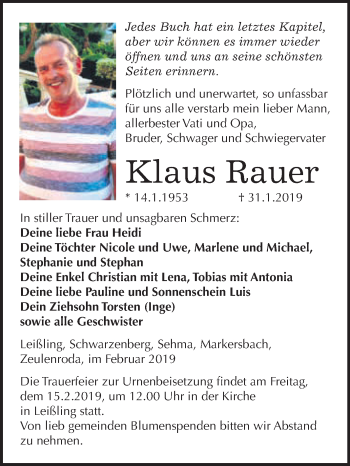 Traueranzeige von Klaus Rauer von WVG - Wochenspiegel NMB / WSF / ZTZ