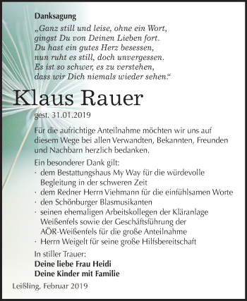Traueranzeige von Klaus Rauer von Mitteldeutsche Zeitung Weißenfels