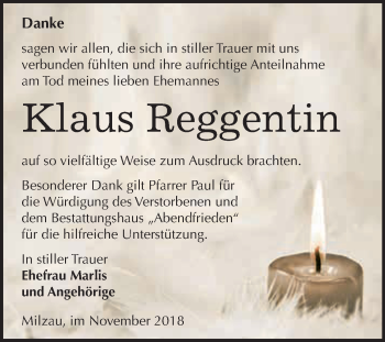 Traueranzeige von Klaus Reggentin von WVG - Wochenspiegel Merseburg