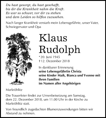 Traueranzeige von Klaus Rudolph von Mitteldeutsche Zeitung Weißenfels