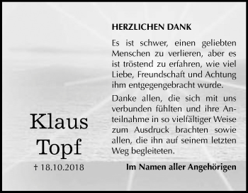 Traueranzeige von Klaus Topf von Mitteldeutsche Zeitung Weißenfels