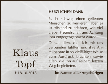 Traueranzeige von Klaus Topf von WVG - Wochenspiegel NMB / WSF / ZTZ