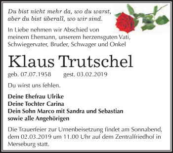 Traueranzeige von Klaus Trutschel von WVG - Wochenspiegel Merseburg