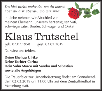 Traueranzeige von Klaus Trutschel von Mitteldeutsche Zeitung