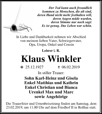 Traueranzeige von Klaus Winkler von WVG - Wochenspiegel Dessau / Köthen