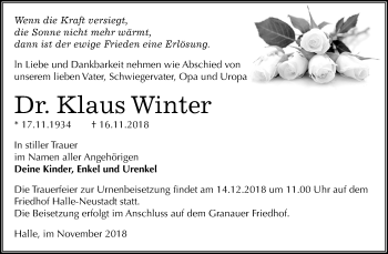 Traueranzeige von Klaus Winter von Mitteldeutsche Zeitung Halle/Saalkreis