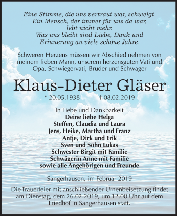 Traueranzeige von Klaus Dieter Gläser von Mitteldeutsche Zeitung