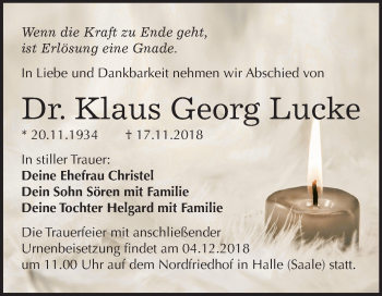 Traueranzeige von Klaus Georg Lucke von Mitteldeutsche Zeitung Halle/Saalkreis