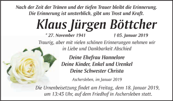 Traueranzeige von Klaus Jürgen Böttcher von WVG - Wochenspiegel Quedlinburg