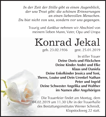 Traueranzeige von Konrad Jekal von WVG - Wochenspiegel Quedlinburg