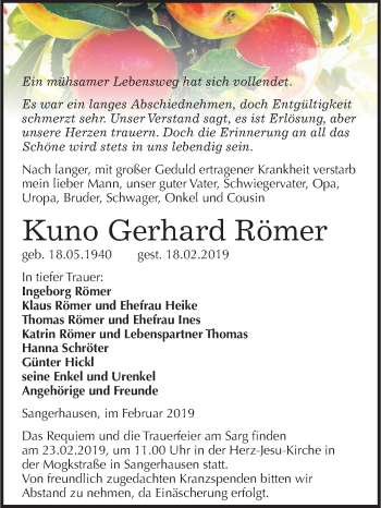 Traueranzeige von Kuno Gerhard Römer von Mitteldeutsche Zeitung Sangerhausen