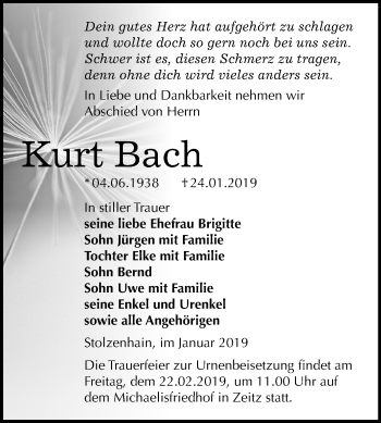Traueranzeige von Kurt Bach von Mitteldeutsche Zeitung Zeitz
