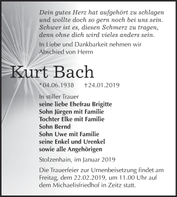 Traueranzeige von Kurt Bach von Super Sonntag Zeitz
