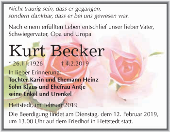 Traueranzeige von Kurt Becker von Super Sonntag SGH Mansf. Land