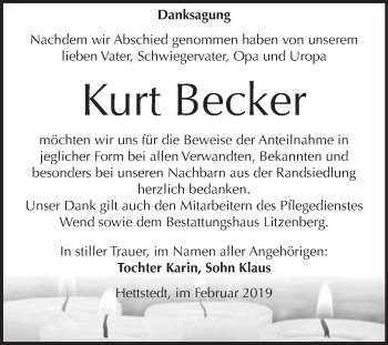 Traueranzeige von Kurt Becker von Super Sonntag SGH Mansf. Land