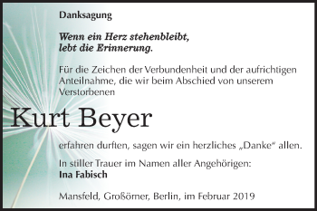 Traueranzeige von Kurt Beyer von Mitteldeutsche Zeitung Mansfelder Land