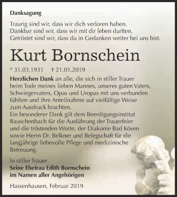 Traueranzeige von Kurt Bornschein von WVG - Wochenspiegel NMB / WSF / ZTZ