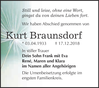 Traueranzeige von Kurt Braunsdorf von WVG - Wochenspiegel Bitterfeld