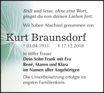 Traueranzeige von Kurt Braunsdorf von Mitteldeutsche Zeitung Bitterfeld