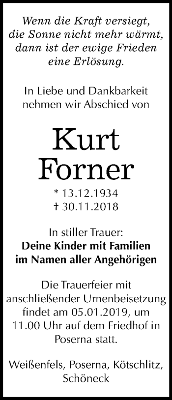 Traueranzeige von Kurt Forner von Mitteldeutsche Zeitung Weißenfels