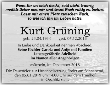Traueranzeige von Kurt Grüning von Mitteldeutsche Zeitung Merseburg/Querfurt