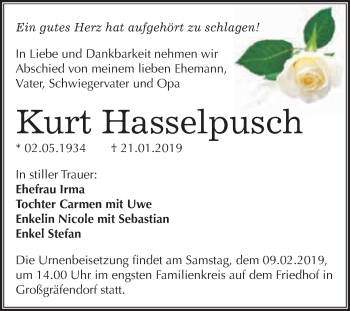 Traueranzeige von Kurt Hasselpusch von WVG - Wochenspiegel Merseburg