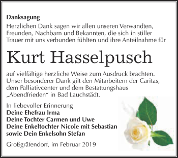 Traueranzeige von Kurt Hasselpusch von WVG - Wochenspiegel Merseburg