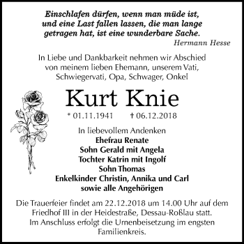 Traueranzeige von Kurt Knie von Mitteldeutsche Zeitung Dessau-Roßlau