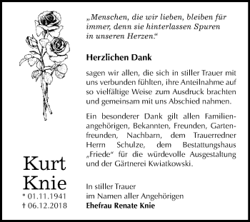 Traueranzeige von Kurt Knie von WVG - Wochenspiegel Dessau / Köthen