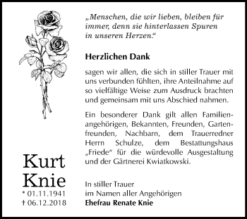 Traueranzeige von Kurt Knie von Mitteldeutsche Zeitung Dessau-Roßlau