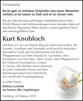 Traueranzeige von Kurt Knobloch von WVG - Wochenspiegel NMB / WSF / ZTZ