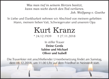 Traueranzeige von Kurt Kranz von Mitteldeutsche Zeitung Quedlinburg