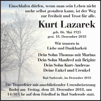 Traueranzeige von Kurt Lazarek von WVG - Wochenspiegel Quedlinburg