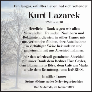 Traueranzeige von Kurt Lazarek von WVG - Wochenspiegel Quedlinburg