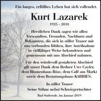 Traueranzeige von Kurt Lazarek von Mitteldeutsche Zeitung Quedlinburg