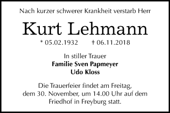 Traueranzeige von Kurt Lehmann von Mitteldeutsche Zeitung Naumburg/Nebra