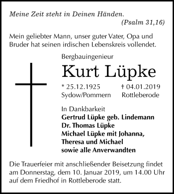 Traueranzeige von Kurt Lüpke von Mitteldeutsche Zeitung Sangerhausen