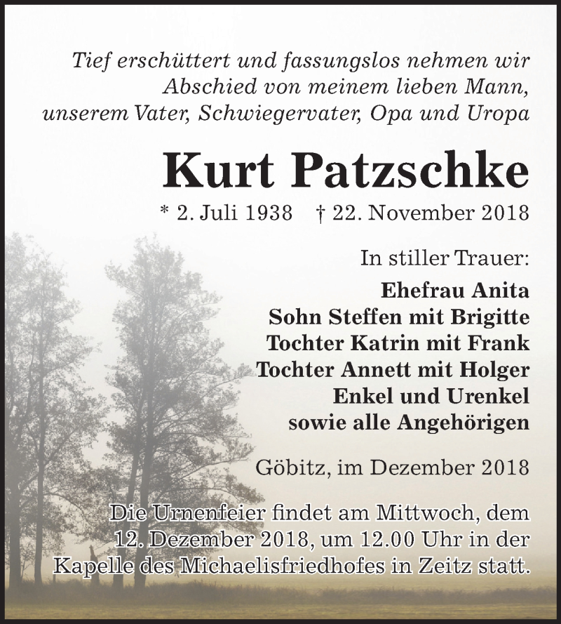  Traueranzeige für Kurt Patzschke vom 01.12.2018 aus Mitteldeutsche Zeitung Zeitz