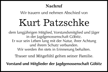 Traueranzeige von Kurt Patzschke von Mitteldeutsche Zeitung Zeitz