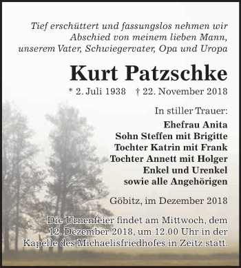 Traueranzeige von Kurt Patzschke von Super Sonntag Zeitz