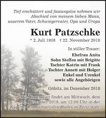 Traueranzeige von Kurt Patzschke von Mitteldeutsche Zeitung Zeitz