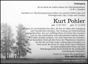 Traueranzeige von Kurt Pohler von WVG - Wochenspiegel Merseburg