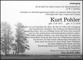 Traueranzeige von Kurt Pohler von Mitteldeutsche Zeitung Merseburg/Querfurt