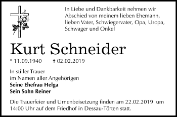 Traueranzeige von Kurt Schneider von Mitteldeutsche Zeitung Dessau-Roßlau